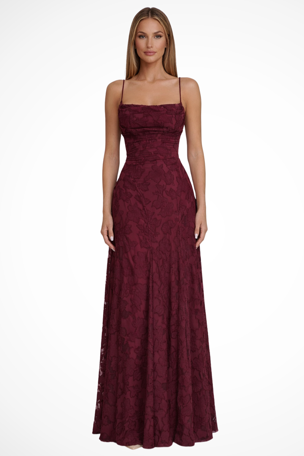 Elegant Women's Floral Jacquard Maxi Dress with lace-up back, perfect for special occasions.