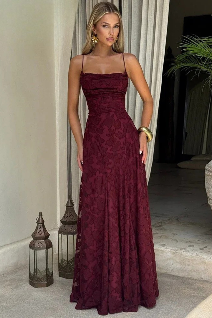 Stunning backless Women's Floral Jacquard Maxi Dress featuring a chic lace-up design.