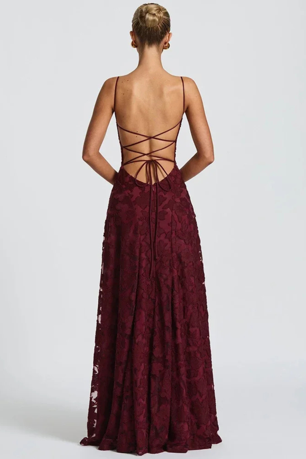 White Floral Jacquard Maxi Dress, an elegant formal evening gown with spaghetti straps & lace-up back.