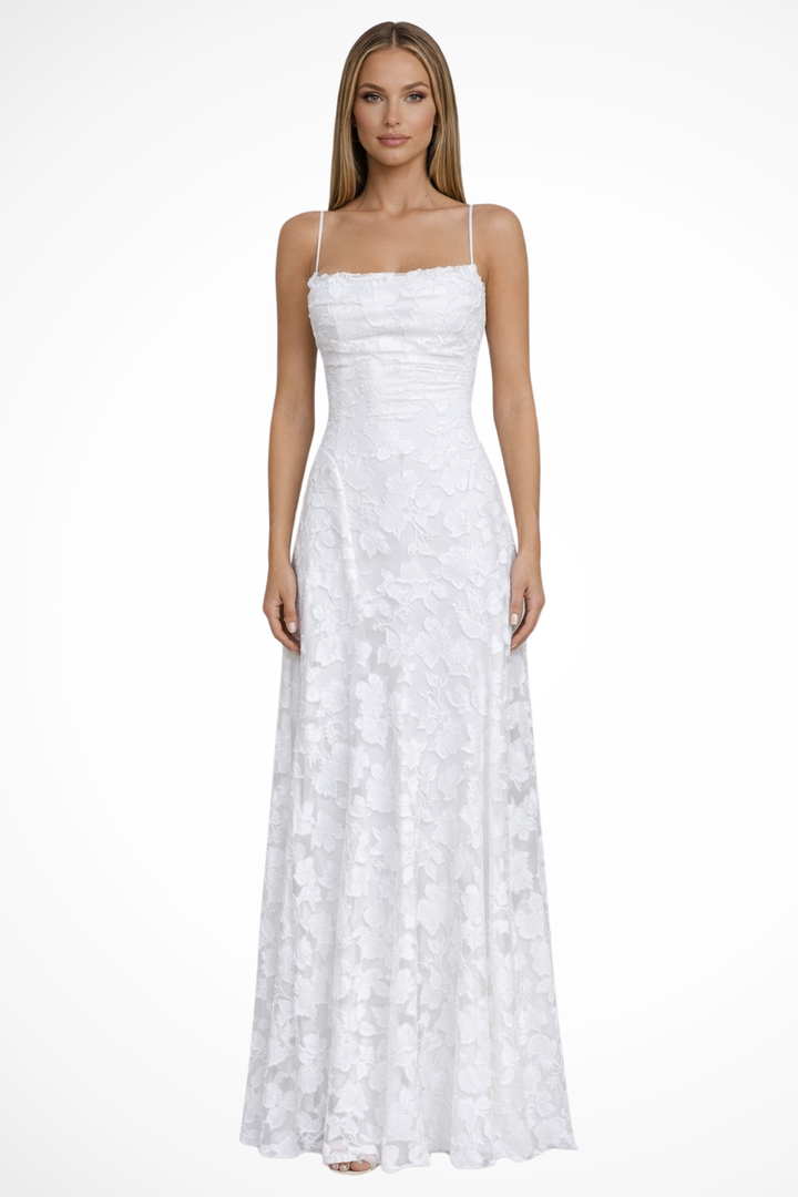 Claret Floral Jacquard Maxi Dress, a beautiful party dress with a backless lace-up design.