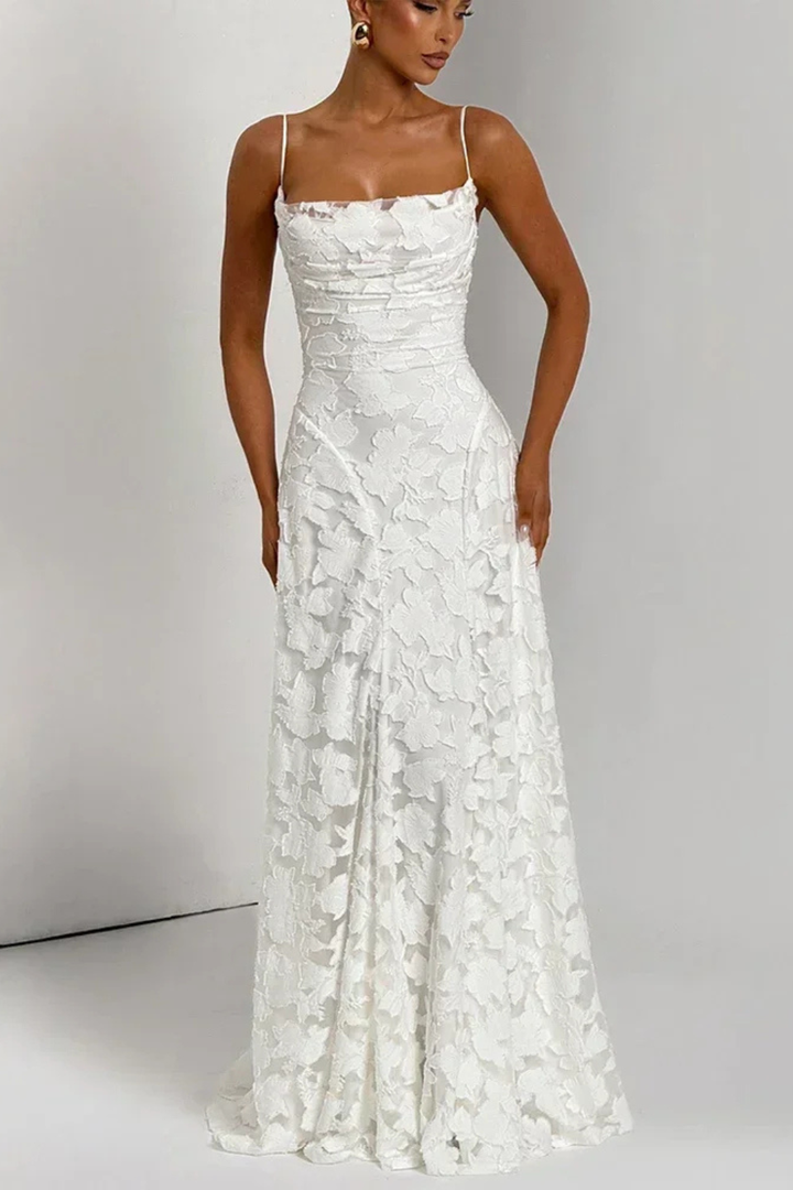 Pink Floral Jacquard Maxi Dress, an ideal elegant evening gown for special occasions.