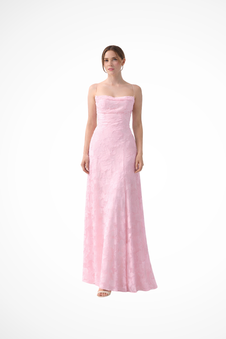 Formal Floral Jacquard Maxi Dress with spaghetti straps & lace-up back, ideal for parties & events.