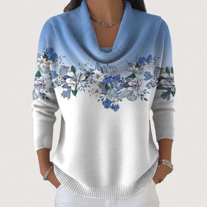 Elegant women's floral knit sweater, perfect for cozy everyday comfort and winter fashion.