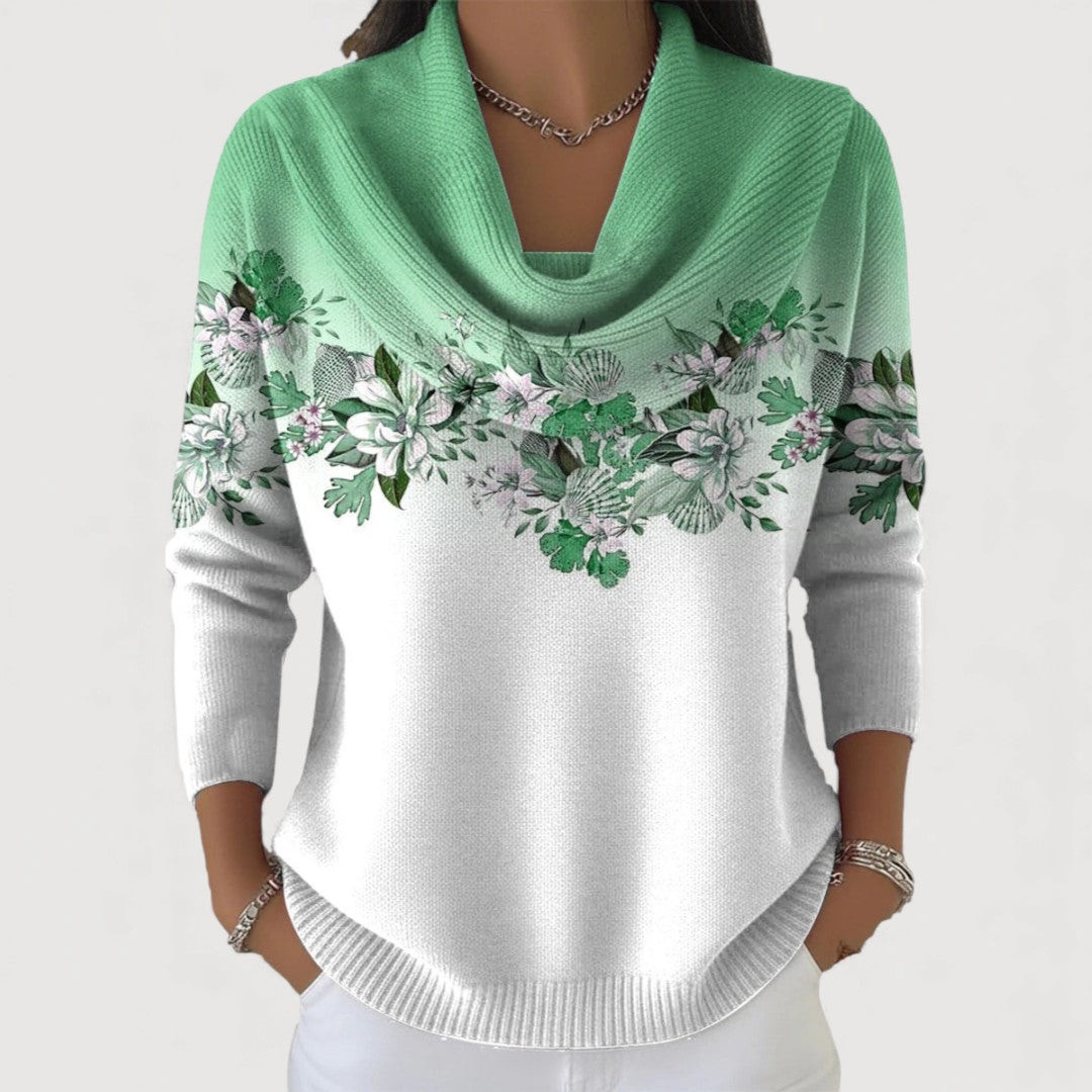 Stylish floral knit sweater for women, blending elegant design with comfortable, soft knit fabric.