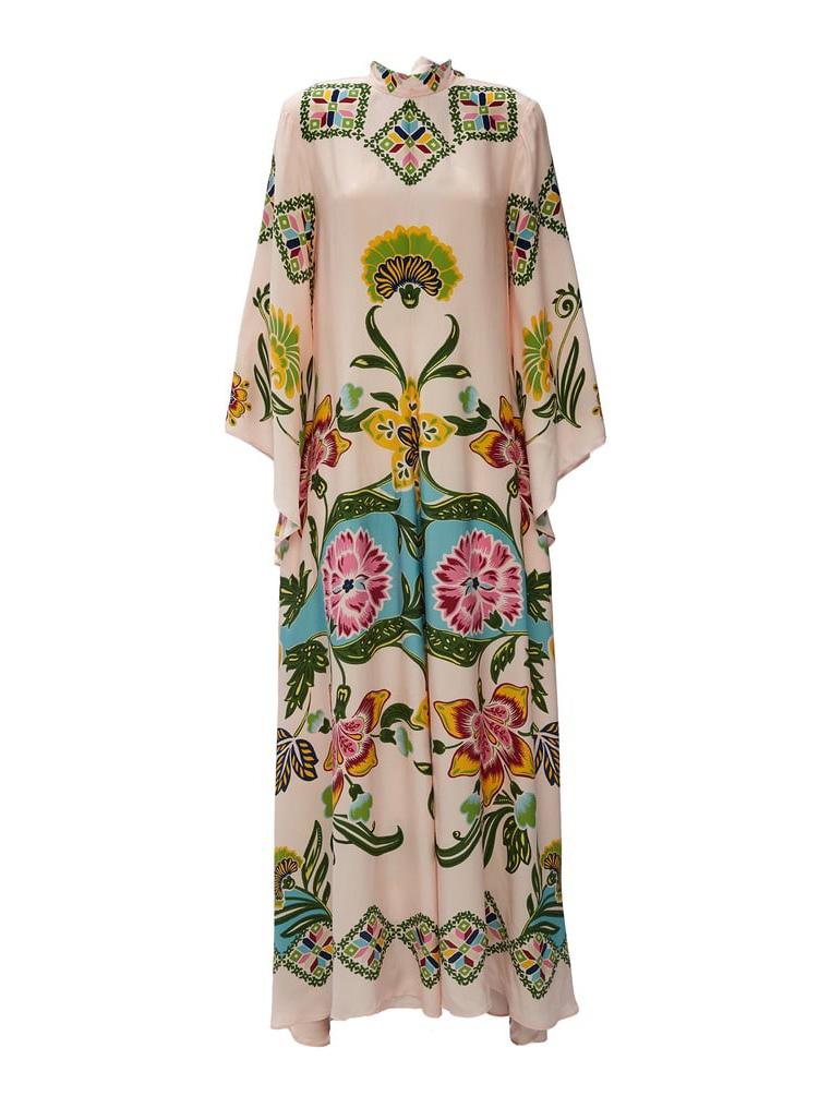 Flowy cream long sleeve maxi dress with delicate floral pattern, ideal elegant women's occasion wear for summer.