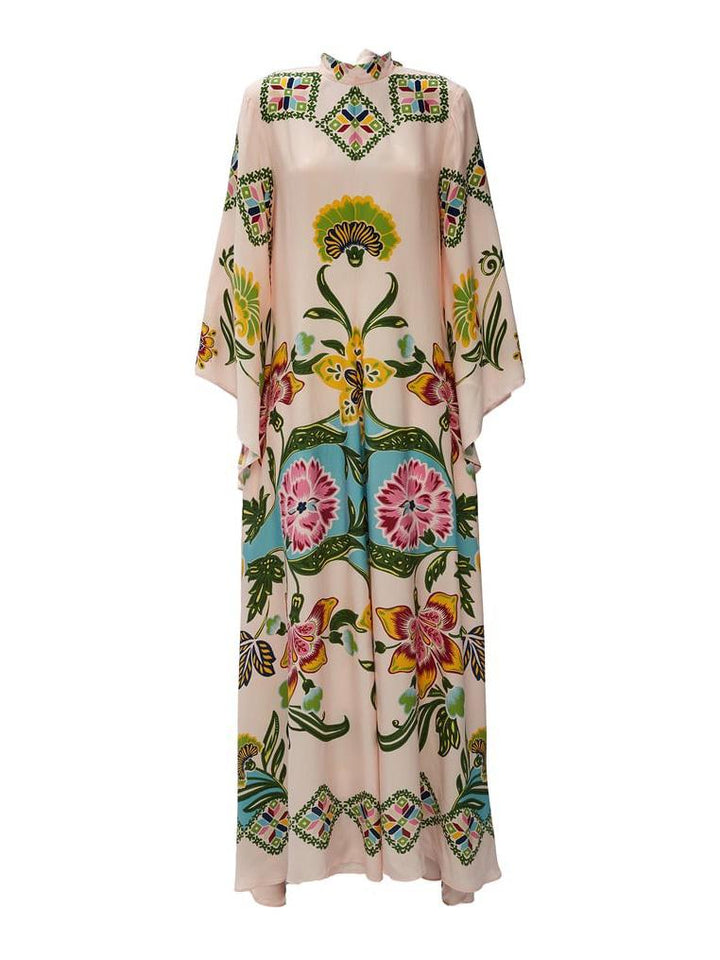 Flowy cream long sleeve maxi dress with delicate floral pattern, ideal elegant women's occasion wear for summer.