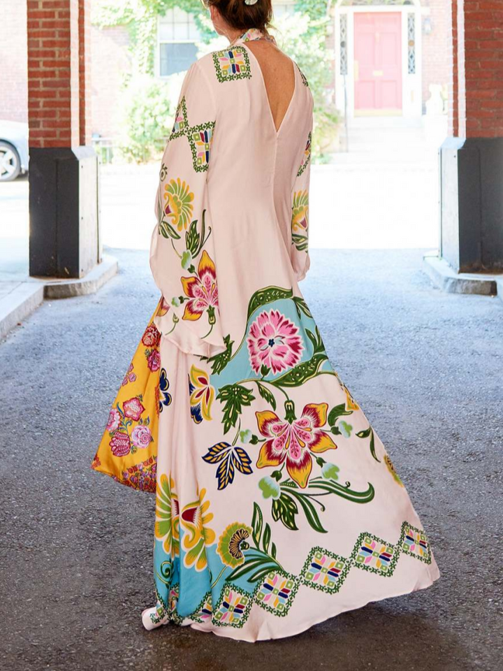 Cream floral print long sleeve maxi dress for women. Elegant, flowy design, perfect for spring/summer versatile fashion.