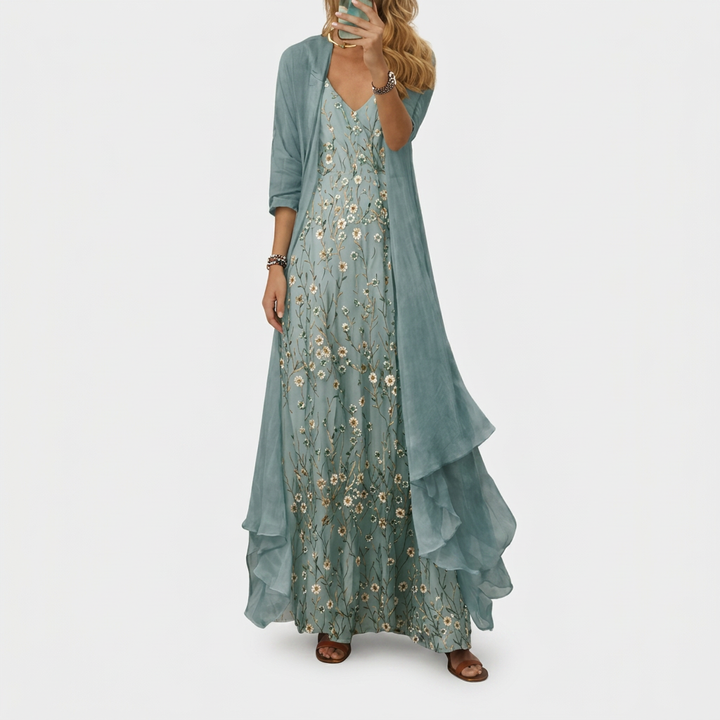 Elegant women's floral maxi dress & duster jacket two-piece set, perfect for spring/summer parties or wedding guests.