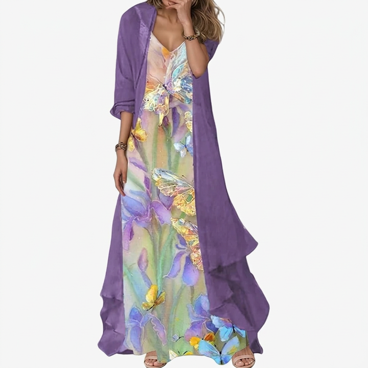 Beautiful women's floral two-piece set: a stunning maxi dress & light duster jacket for versatile style.