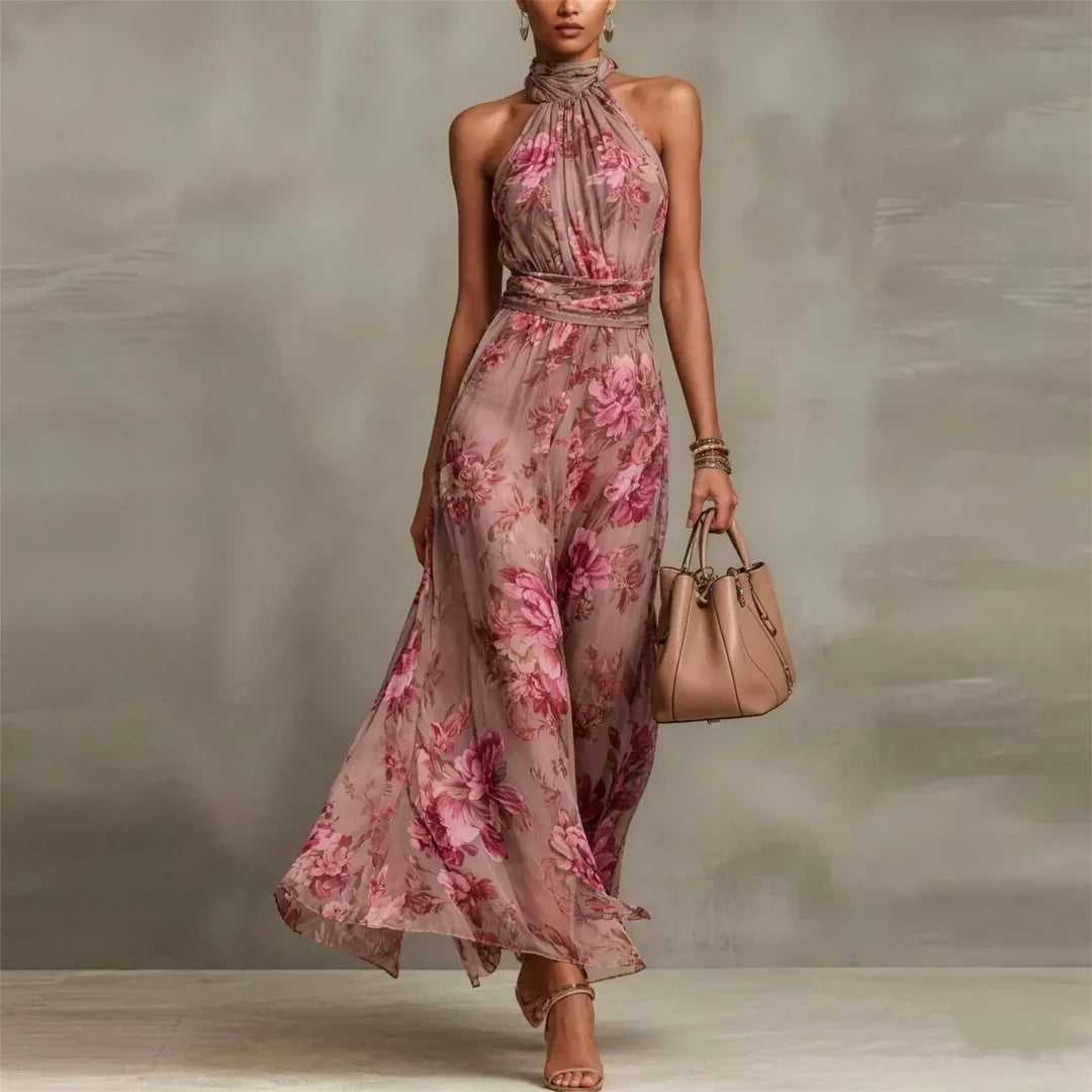 Flowy long floral print maxi dress for women, ideal for summer vacation and elegant occasions.