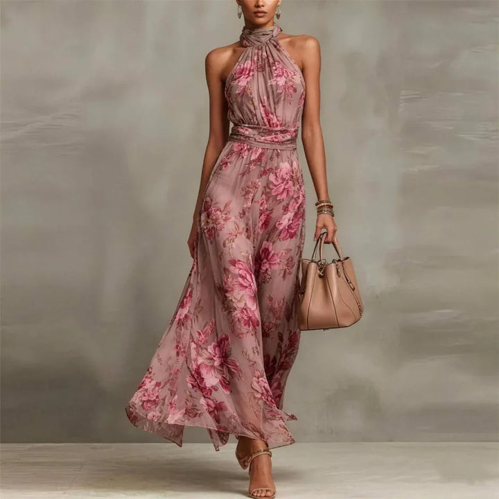 Flowy long floral print maxi dress for women, ideal for summer vacation and elegant occasions.