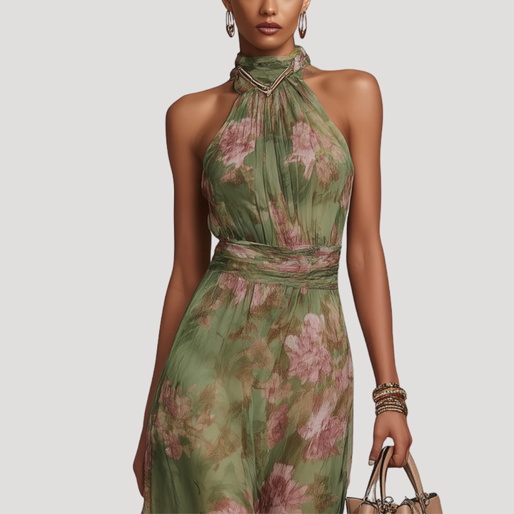 Full-length women's floral summer maxi dress, suitable for elegant parties, weddings, or resort wear.