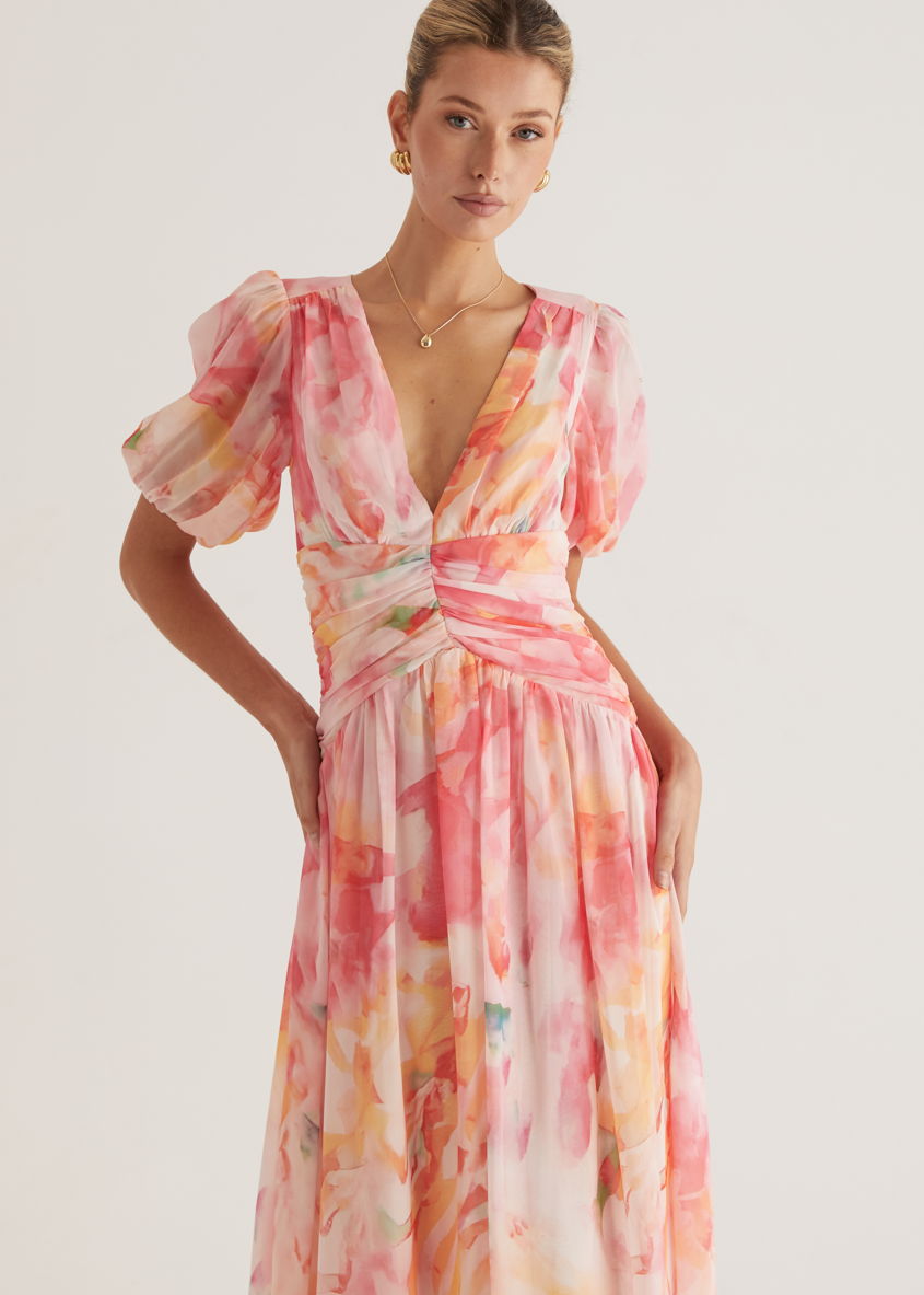 Vibrant floral print long maxi dress for women, ideal for spring and summer.