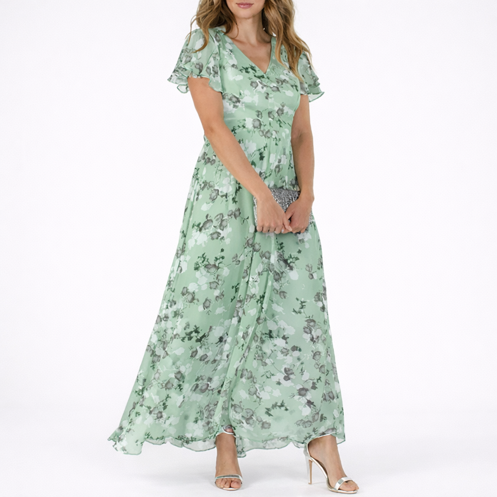 Stylish women's summer maxi dress with elegant floral pattern, great for resort & special occasions.