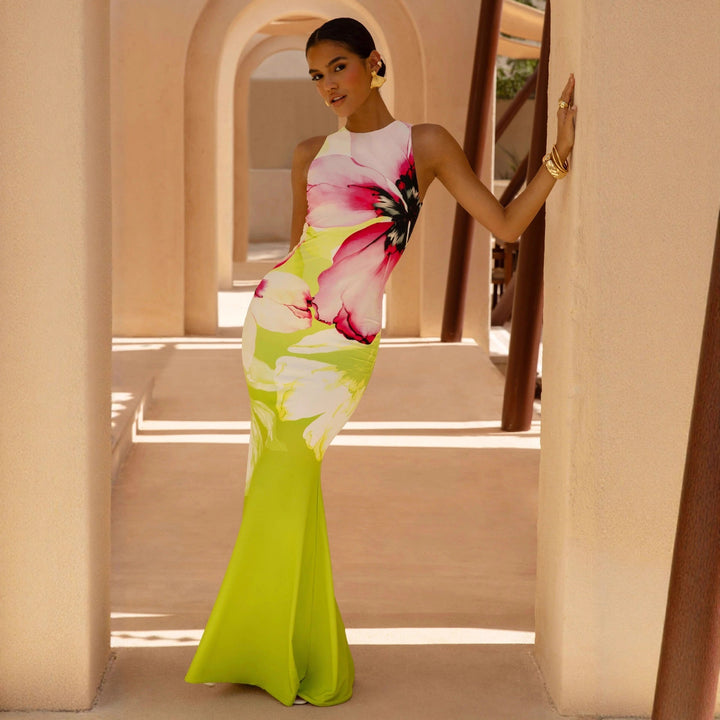 Beautiful round neck floral maxi dress for women, sleeveless style, great for elegant summer wear.