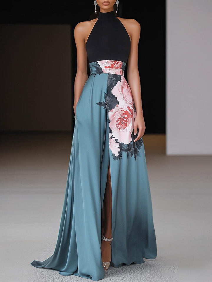 Elegant women's floral maxi dress with A-line silhouette, sleeveless design, and stylish slit, perfect for summer occasions.