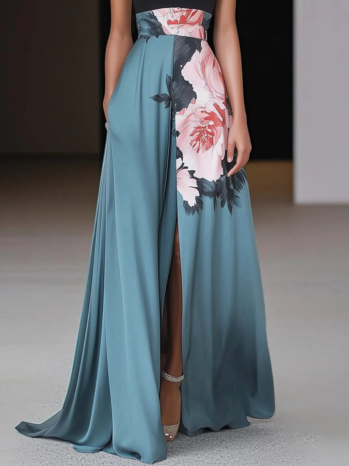 Stylish women's summer floral maxi dress featuring a sleeveless A-line cut and a side slit for comfortable elegance.
