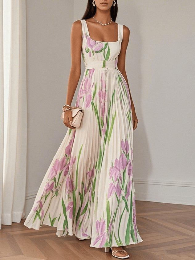 Elegant women's floral maxi dress with a square neck, sleeveless, perfect for summer occasions.