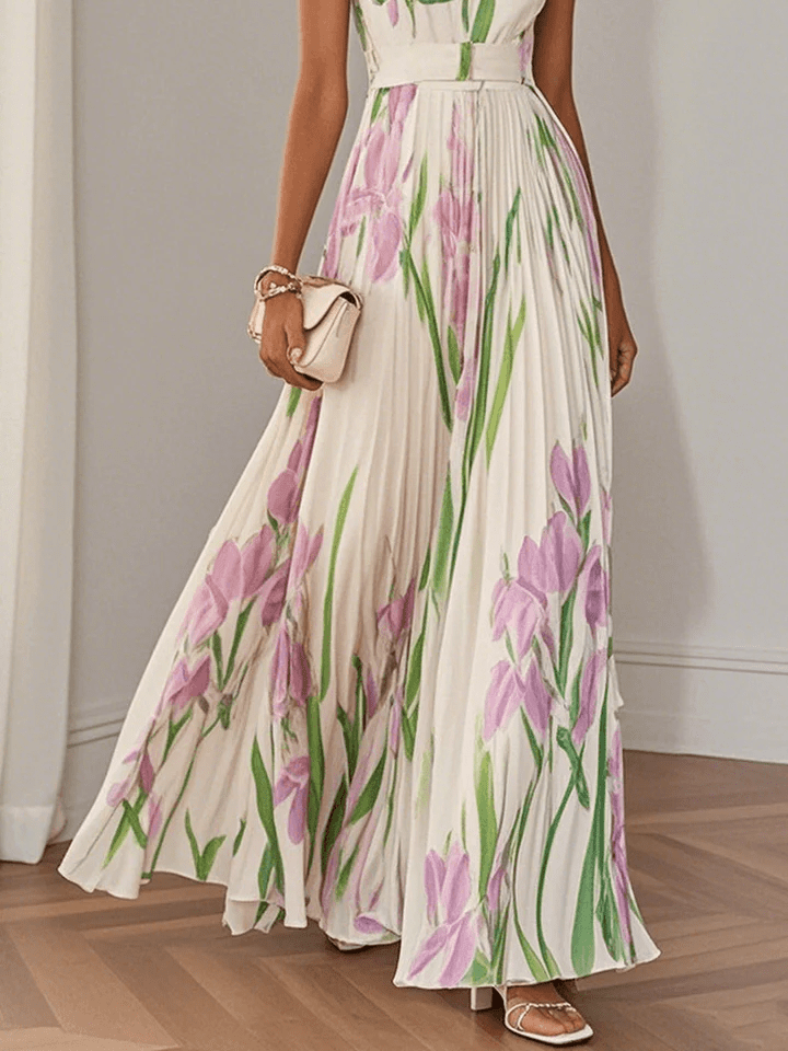 Women's sleeveless square neck floral maxi dress, ideal for elegant party or vacation wear.