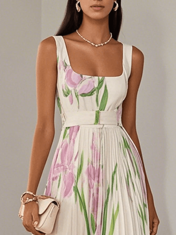 Flowy A-line floral print maxi dress for women, elegant occasion wear, perfect as a formal party dress.