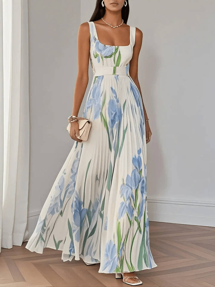 Vibrant floral summer maxi dress for women, sleeveless, square neck, perfect vacation fashion.