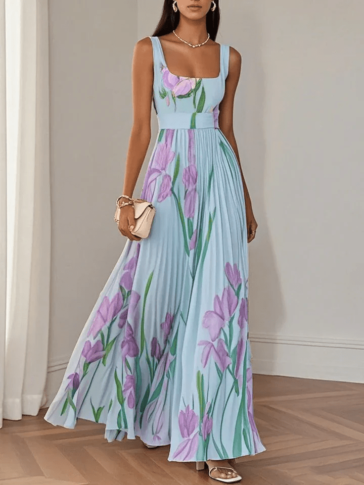 Women's elegant floral maxi dress featuring a sleeveless square neck and flowy pleated A-line skirt.