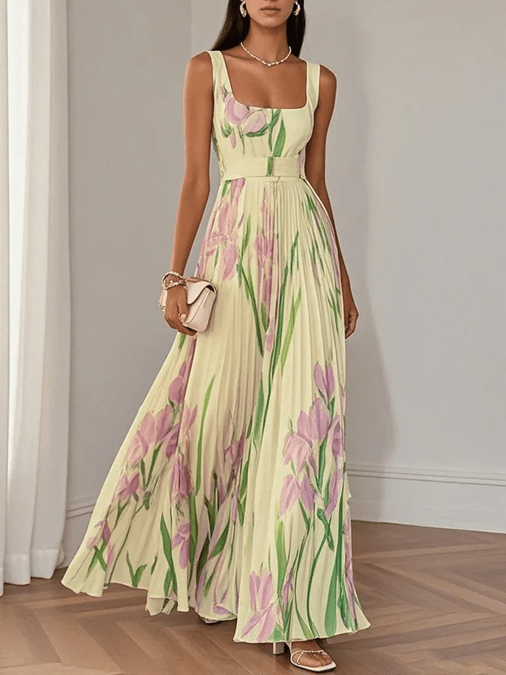 Sophisticated women's floral sleeveless square neck maxi dress, excellent as an elegant formal party dress.