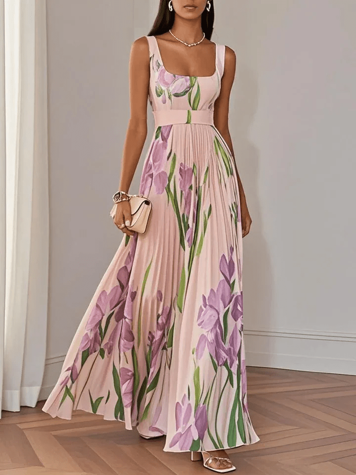 Stylish women's floral maxi dress, sleeveless with a square neck, embodying elegant summer fashion.