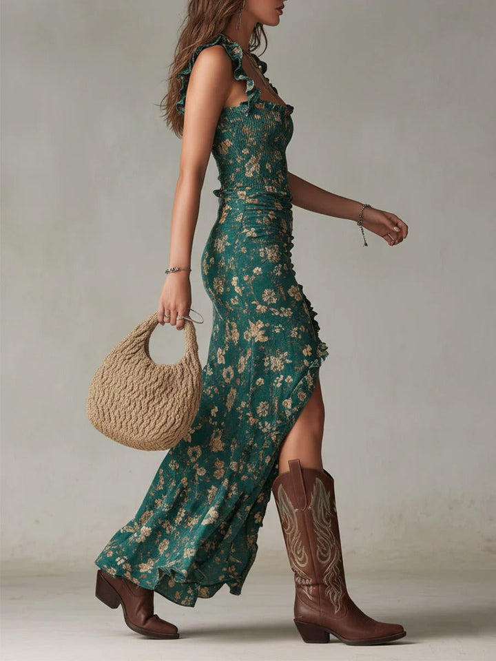 Stylish floral maxi dress for women, featuring a flattering ruched bodice and an elegant side slit. Great party dress.