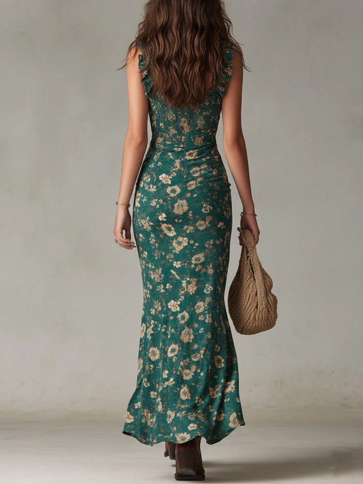 Beautiful women's occasion dress: a strappy floral maxi with an elegant ruffle hem. Ideal for evening or day wear.