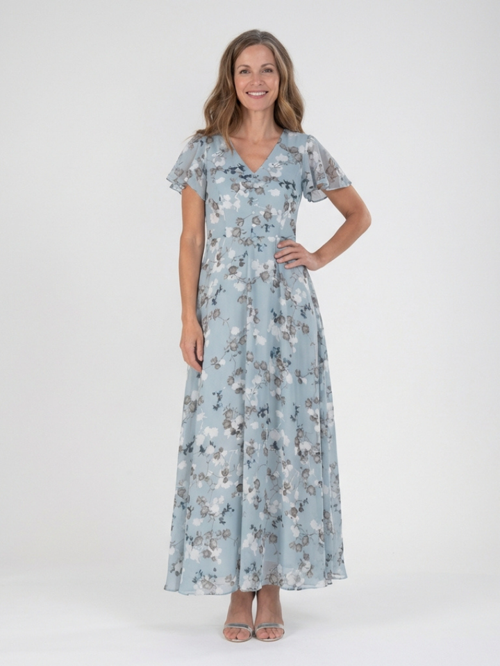 Elegant women's floral maxi dress with flutter sleeves & V-neck, perfect for summer parties & special occasions.