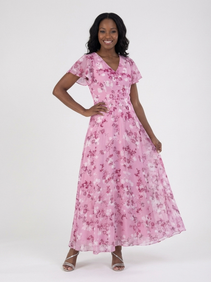 Comfortable & flowy women's floral print maxi dress with elegant flutter sleeves, ideal for relaxed summer fashion.