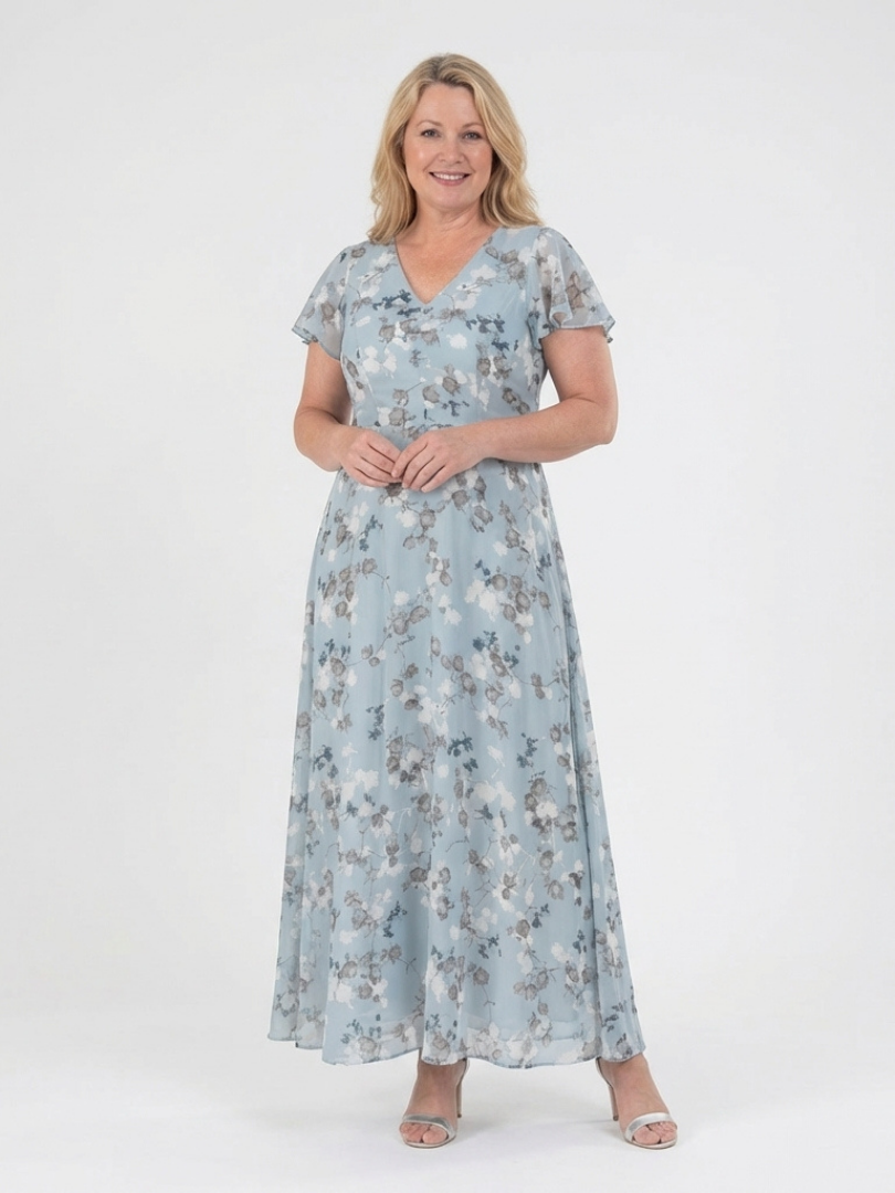 Flowy floral maxi dress for women featuring elegant flutter sleeves, ideal for summer occasions & party wear.