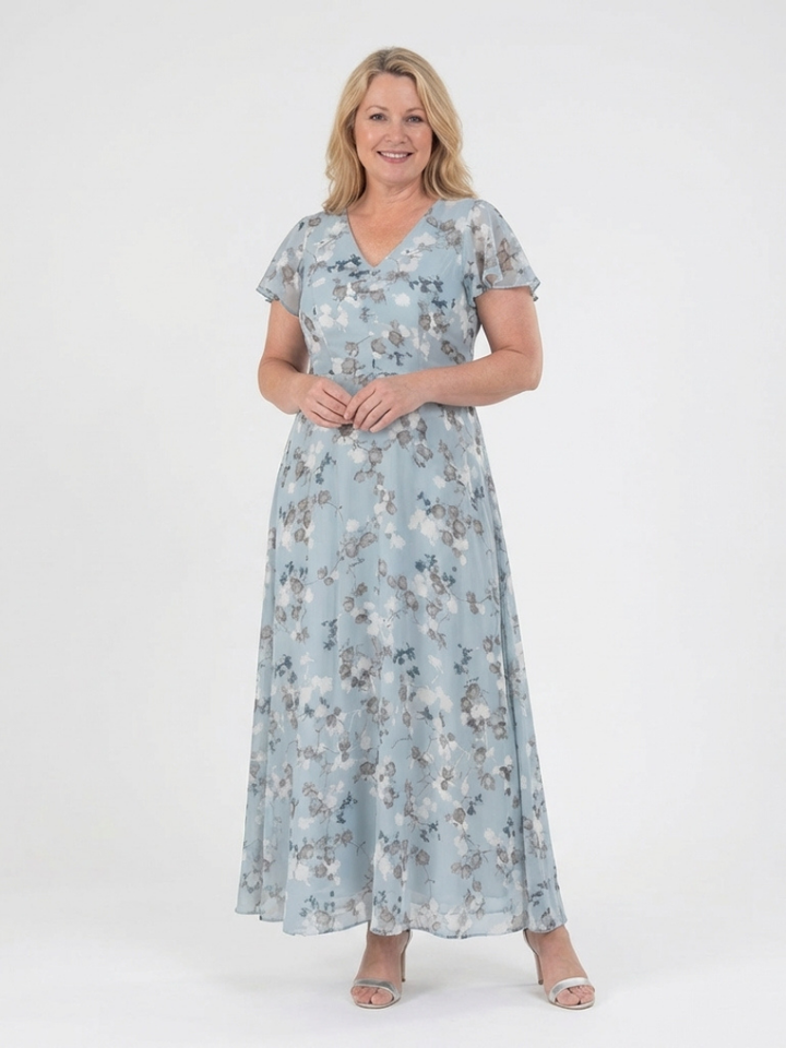 Flowy floral maxi dress for women featuring elegant flutter sleeves, ideal for summer occasions & party wear.