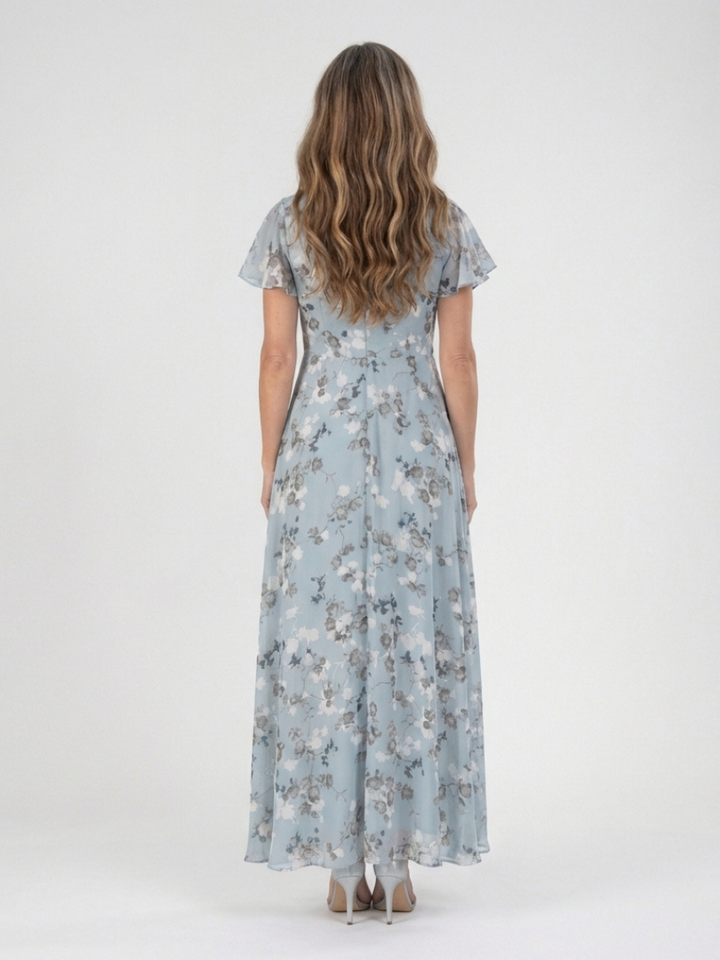 Comfortable women's V-neck floral maxi dress with stylish flutter sleeves for an elegant, flowy summer look.