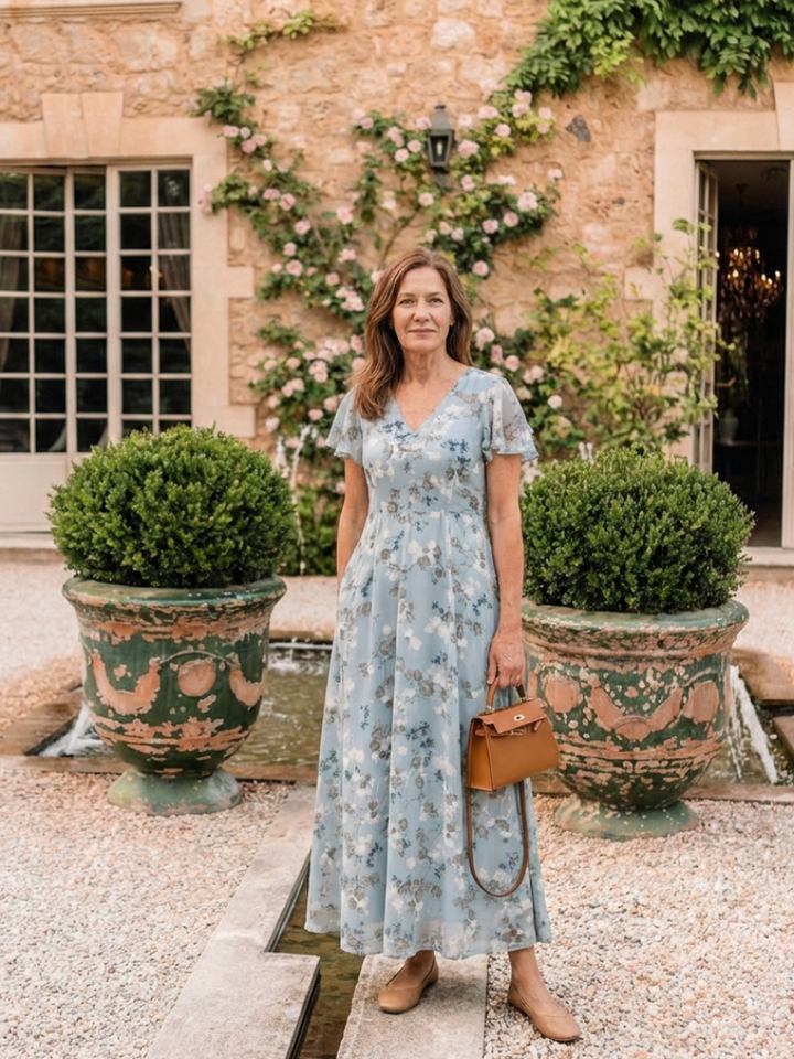 Chic women's floral print maxi dress with flutter sleeves, perfect for elegant summer fashion & comfortable wear.
