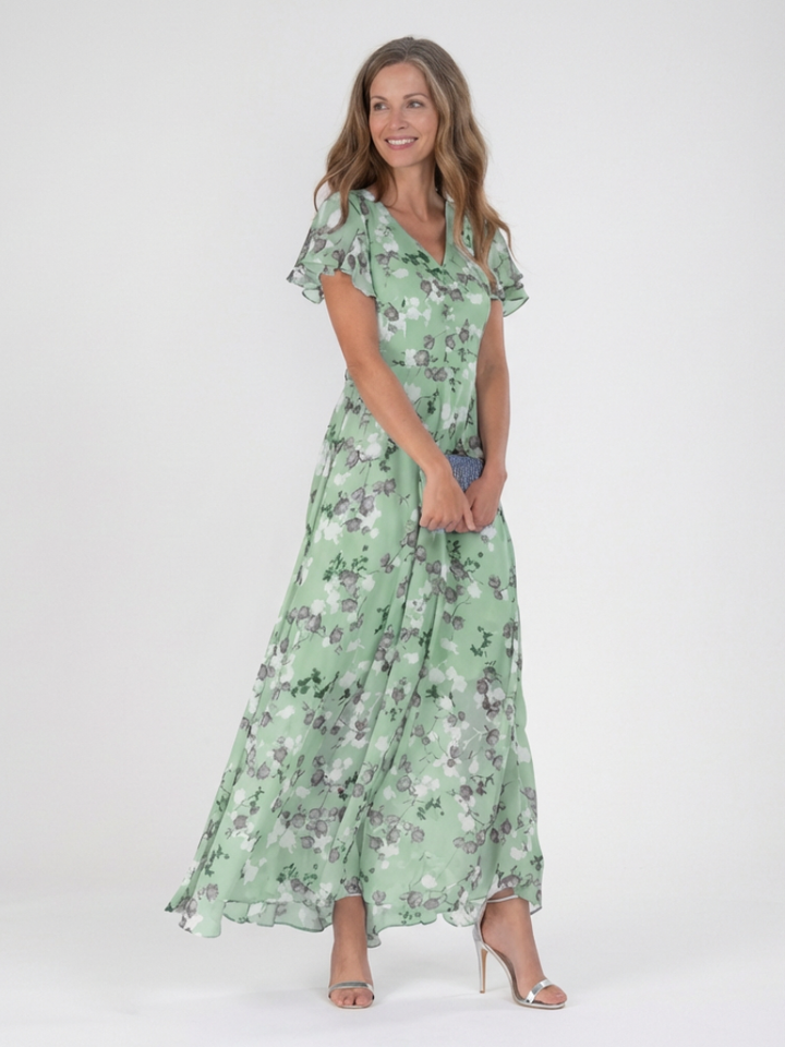 Soft, flowy women's floral maxi dress with elegant flutter sleeves, great for garden parties & summer events.