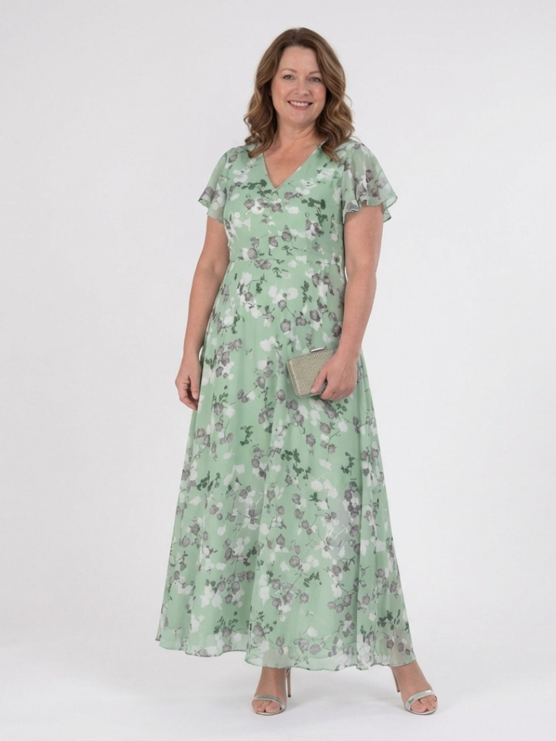Versatile women's floral maxi dress, V-neck, and flutter sleeves, suitable for various elegant summer occasions.