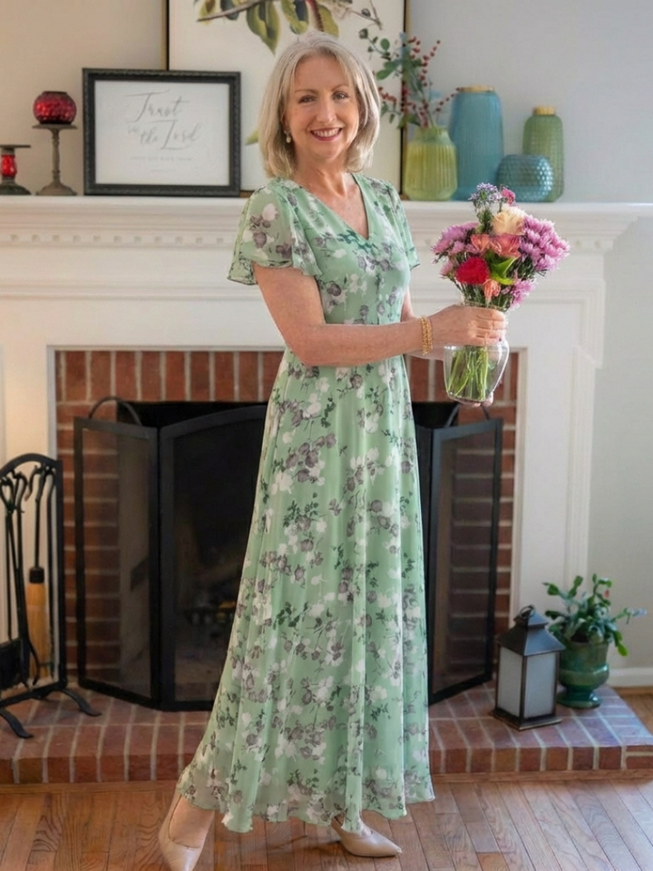 Women's elegant floral pattern maxi dress featuring delicate flutter sleeves, a stylish V-neck, and flowy silhouette.