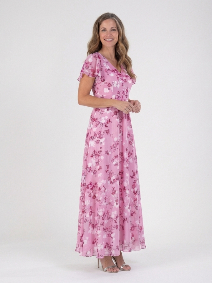 Fashionable women's floral maxi dress with elegant flutter sleeves, perfect for party wear & chic summer style.