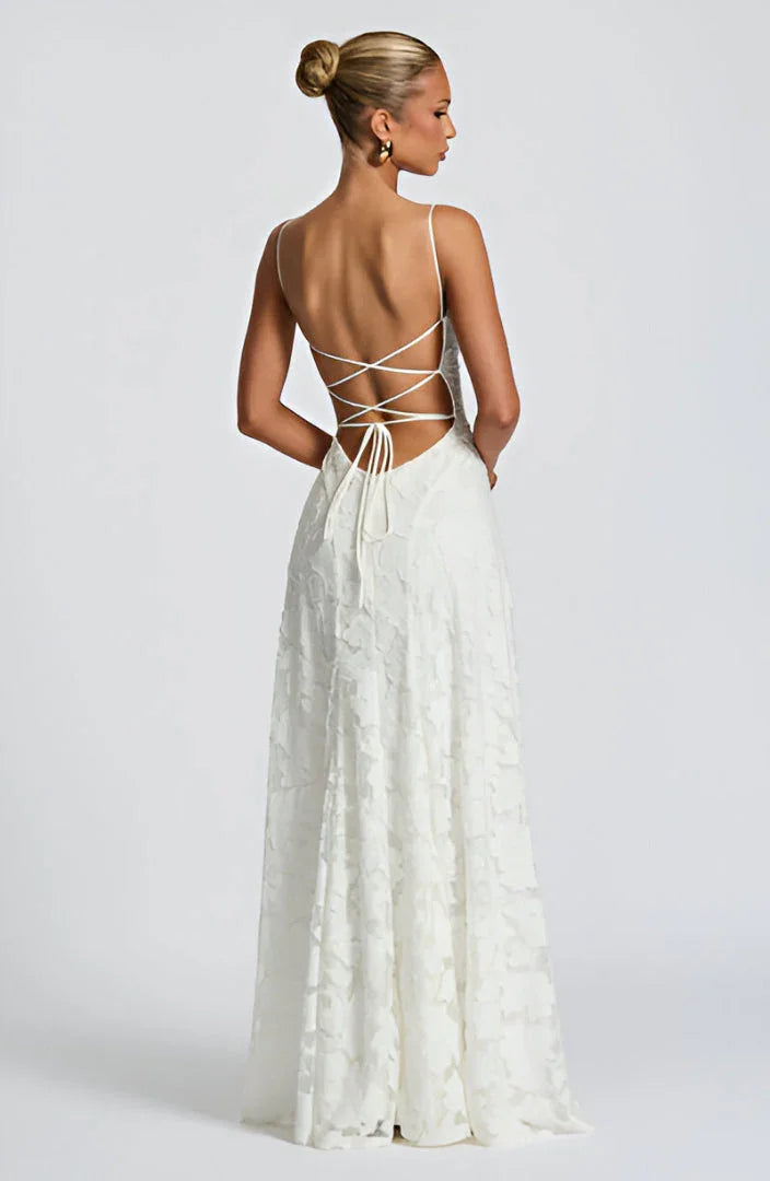 Elegant women's spaghetti strap maxi dress, featuring a beautiful floral print.