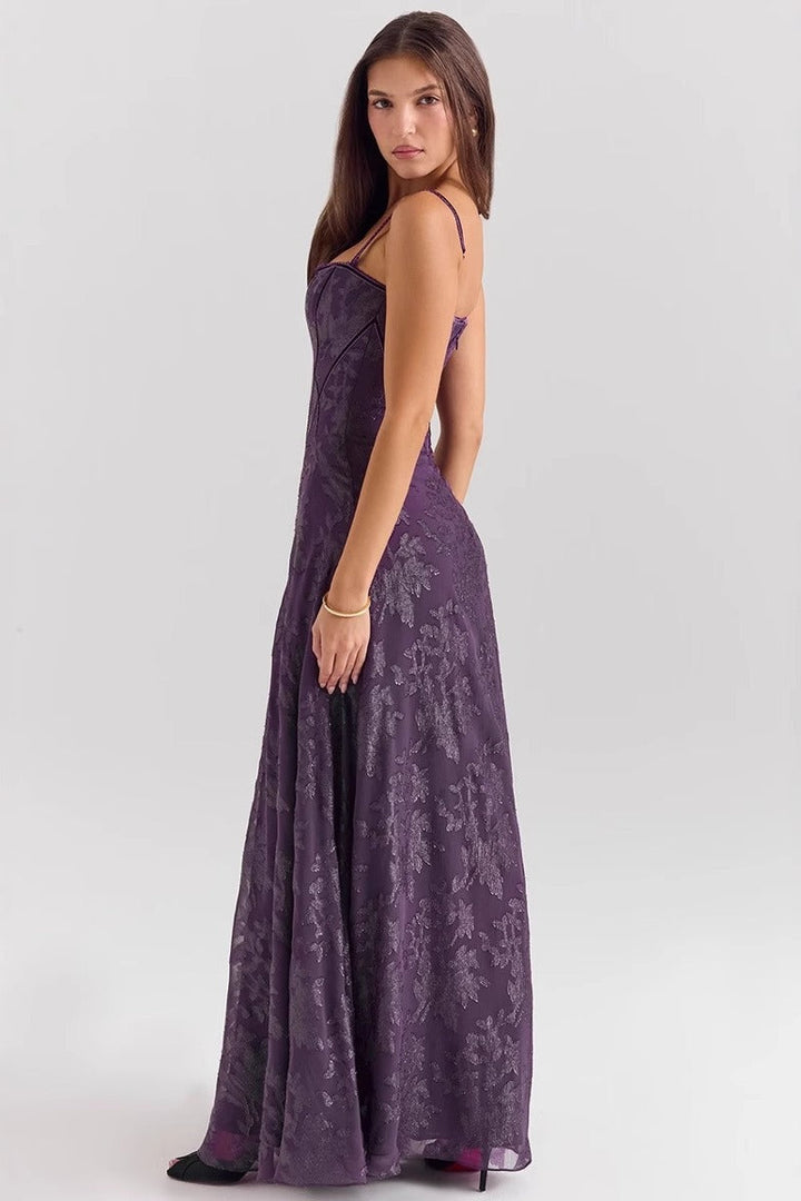 Spaghetti strap floral maxi dress, perfect for weddings and evening events.
