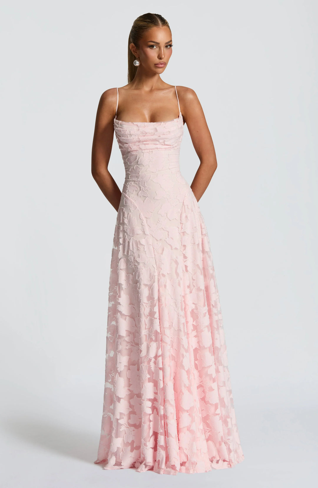 Flowing women's white floral maxi dress, perfect as a wedding guest or party dress.
