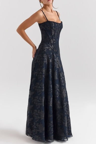 Elegant evening gown: women's floral spaghetti strap maxi dress.