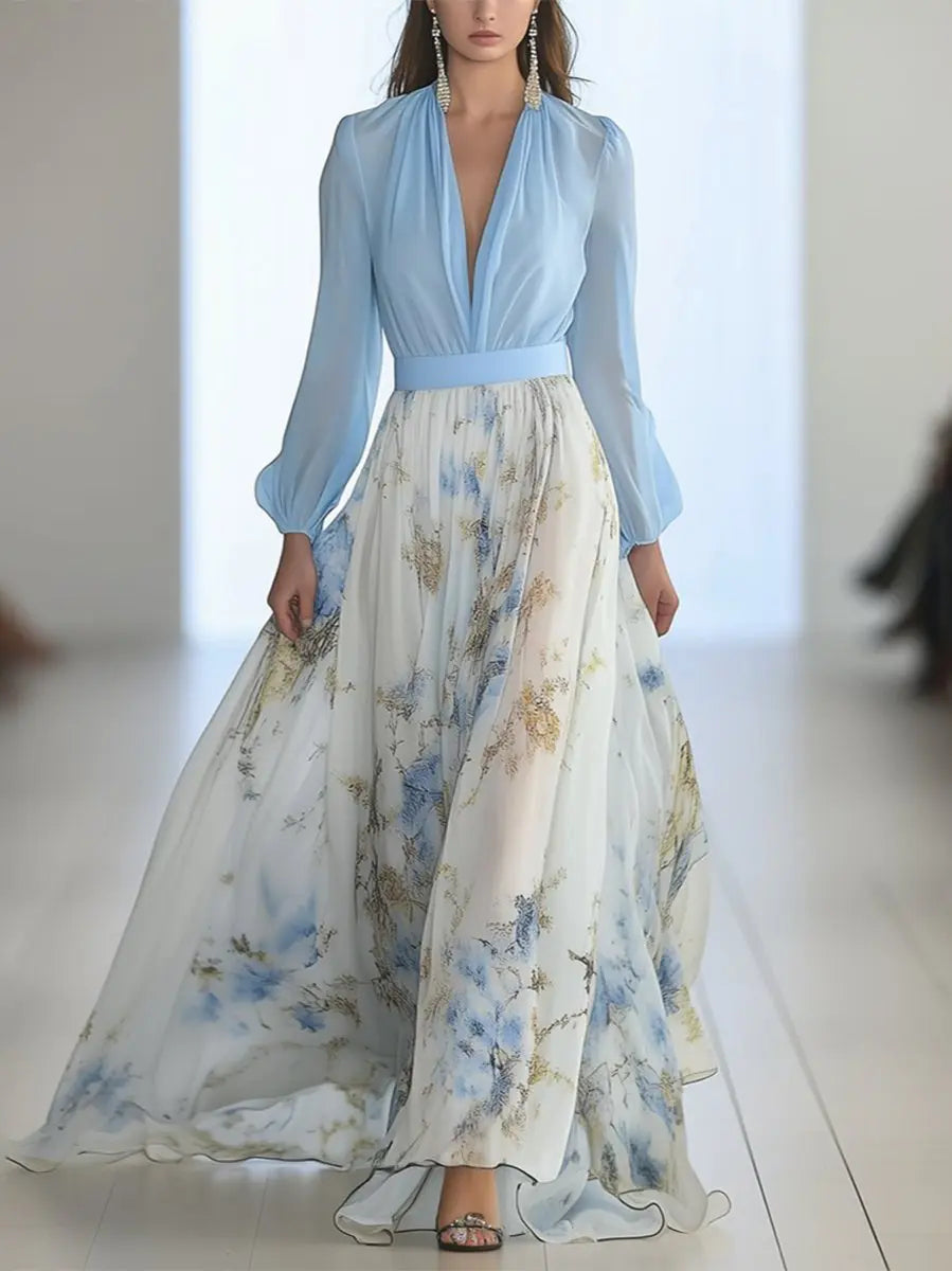 Elegant women's floral maxi dress with V-neck and flowing long sleeves, perfect for spring & summer occasions.