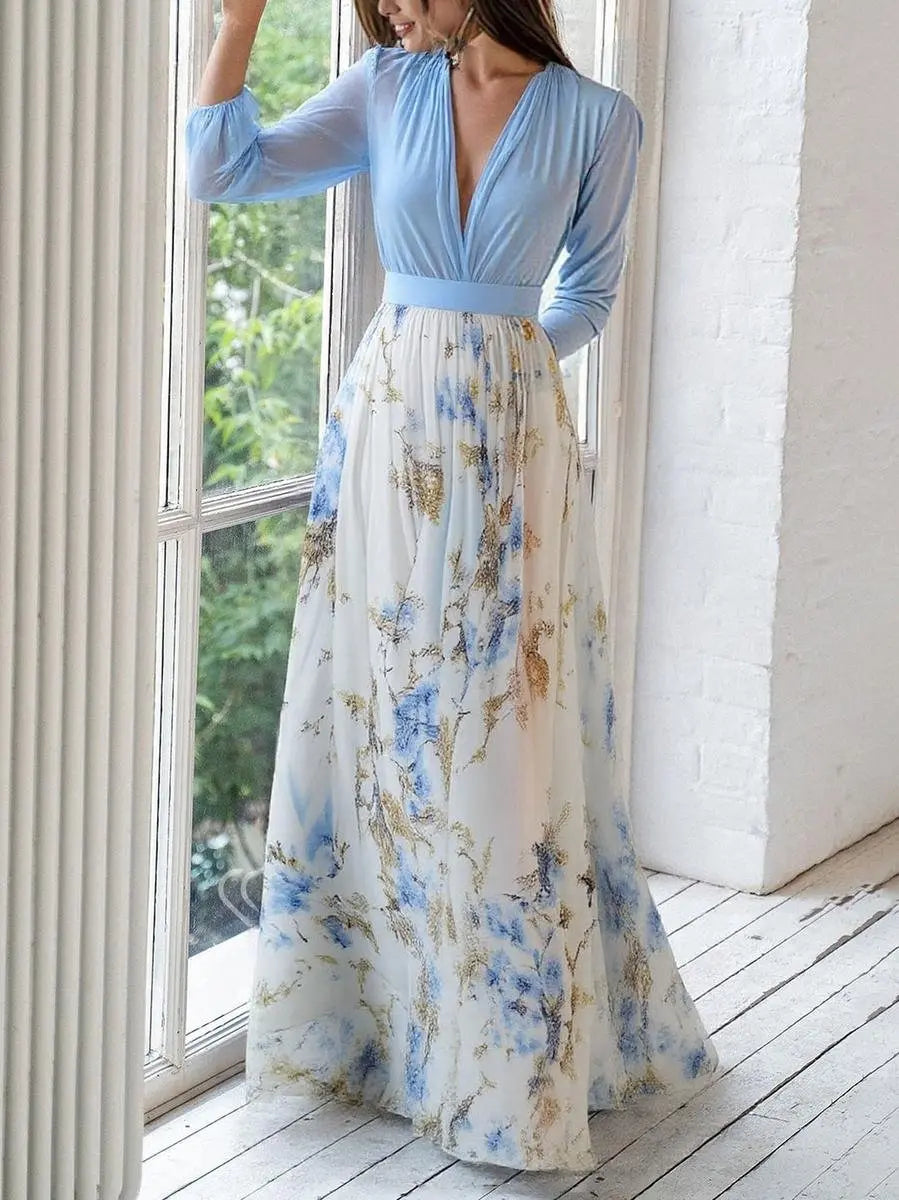 Stylish women's V-neck floral maxi dress with elegant long sleeves, ideal for summer and occasion wear.