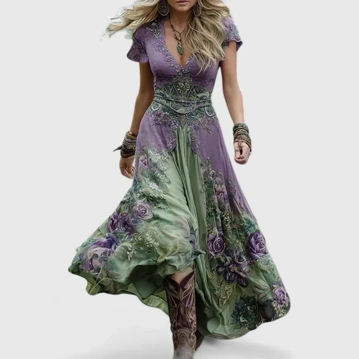 Elegant women's floral maxi dress with V-neck, perfect for summer casual wear or chic bohemian style.