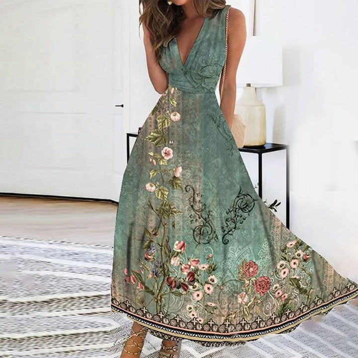 Chic sleeveless V-neck floral maxi dress for women, ideal for summer vacations and effortless casual style.