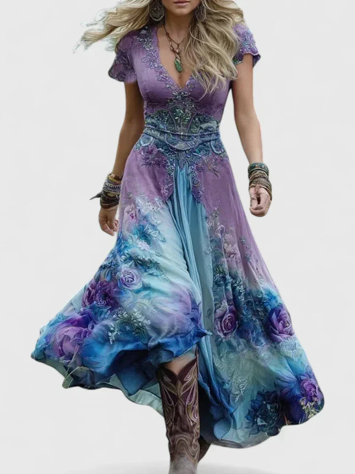 Bohemian floral V-neck maxi dress for women, ideal for elegant summer fashion and versatile casual wear.