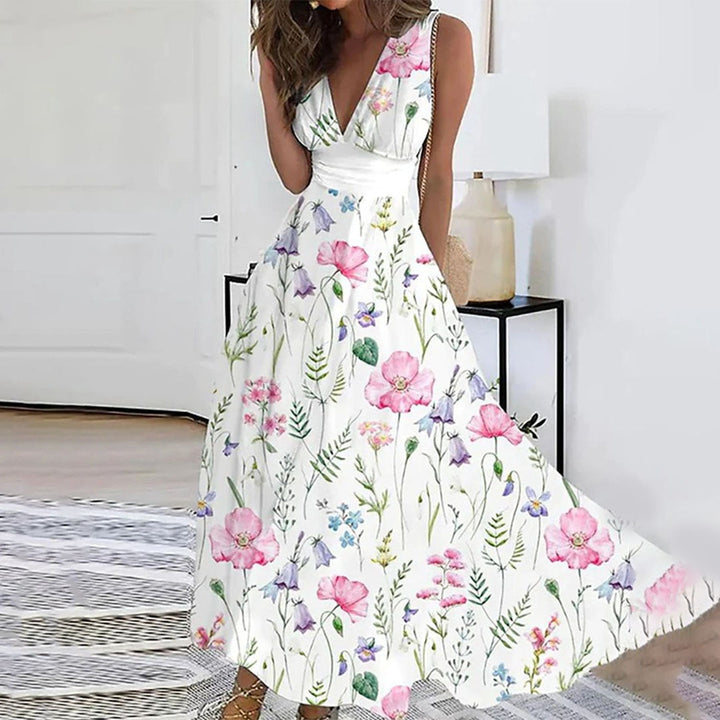 Women's chic floral maxi dress, a stylish sleeveless V-neck summer dress perfect for elegant casual or vacation wear.